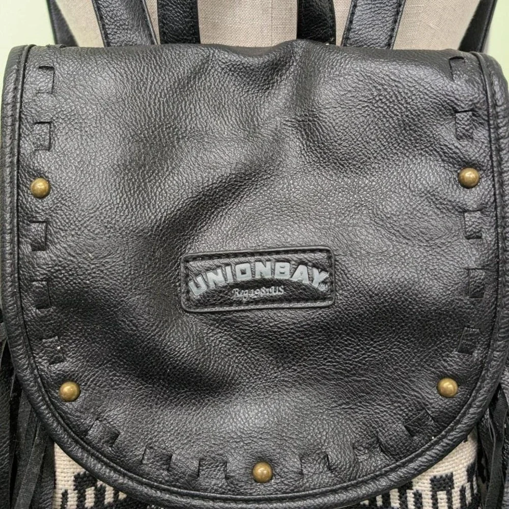 Union Bay black leather backpack with fringe and Aztec print‎